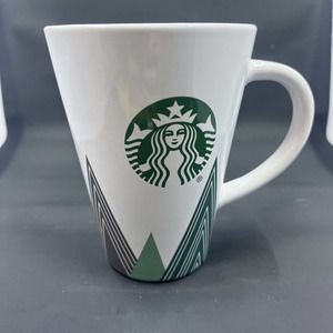 Starbucks White Ceramic Mug 14 Ounces With Green And Red Designs.